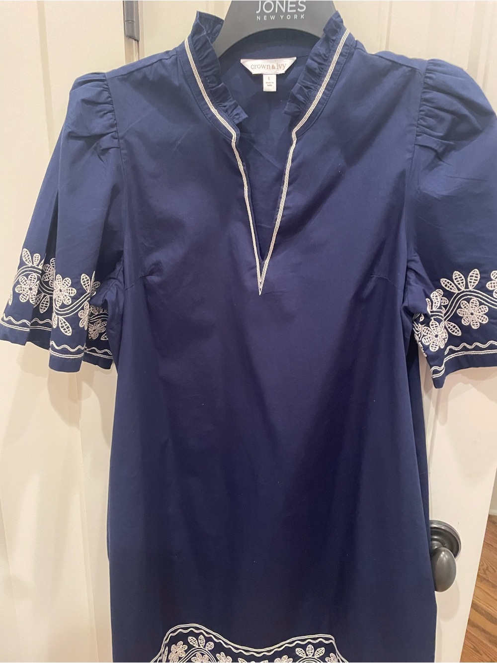 Crown & Ivy Navy Embroideredu V-Neck Women's dress